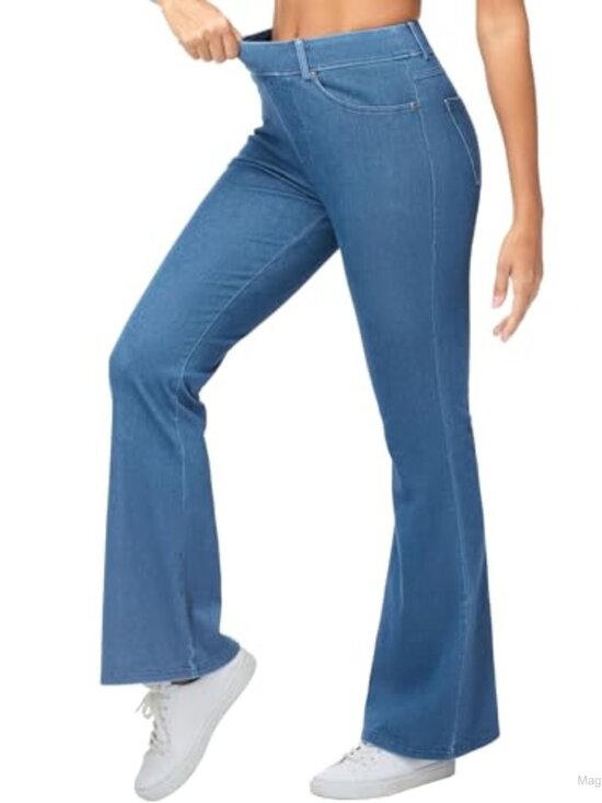 Denim - Pull On Flare Jeggings Stretchy Bell Bottom High Rise Denim Jeans